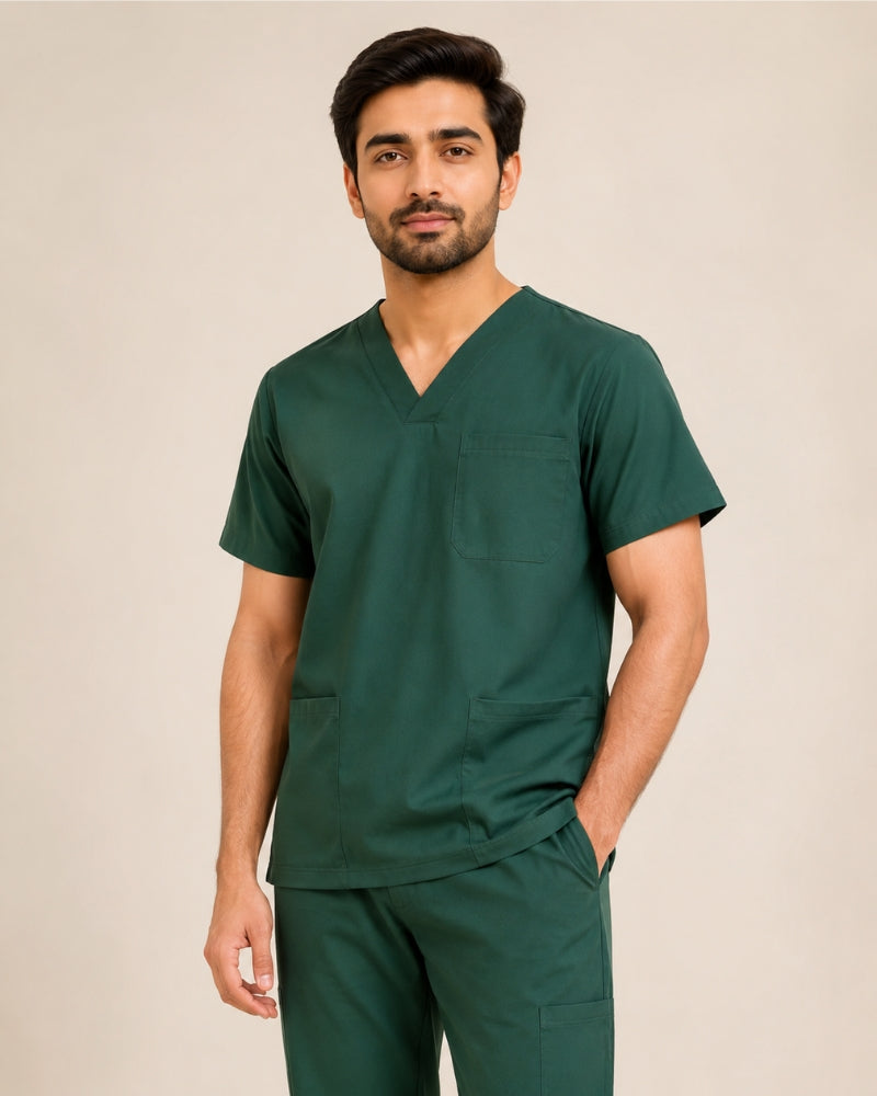 Man wearing dark green collared medical scrub set