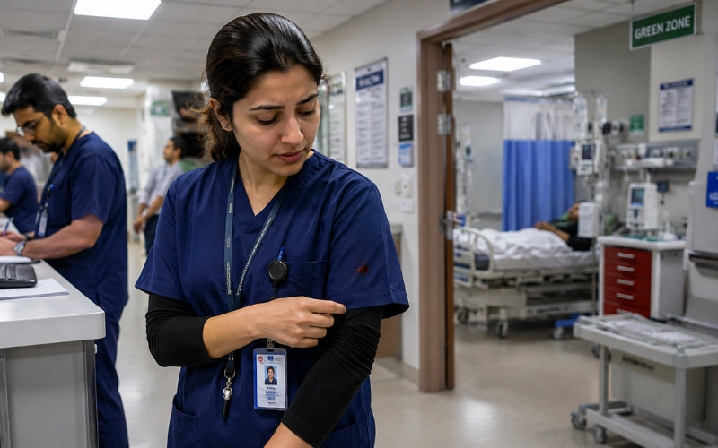 Pakistani nurse checking blood stain on navy blue medical scrubs in hospital