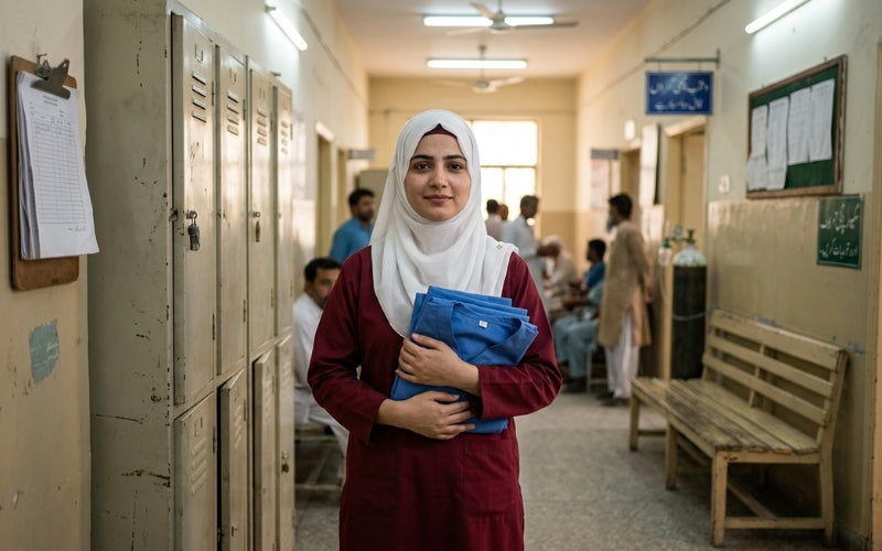 Nursing student receiving donated Clozzi scrubs