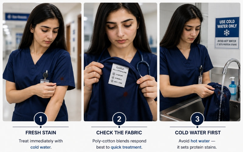 Visual guide showing how to remove blood stains from medical scrubs step by step